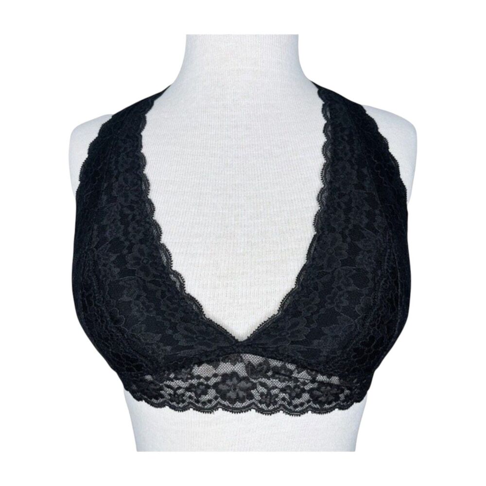 Gilly Hicks Lace Bralette sz S * Black Scallop Halter Strappy Racerback Floral